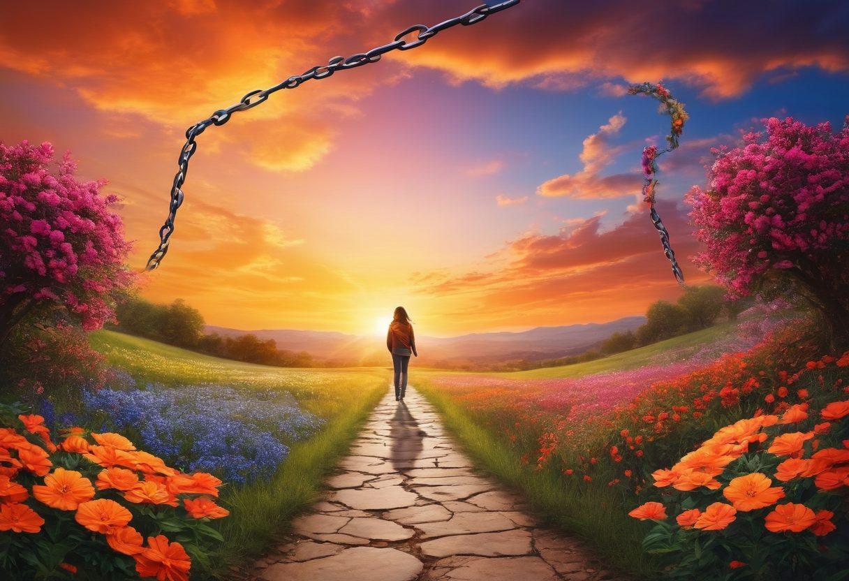A vibrant collage depicting a journey of a teenage individual overcoming struggles. Include elements like a winding path symbolizing challenges, diverse teenagers in various emotional states, and symbols of growth like blooming flowers and broken chains. Infuse the scene with a colorful sunset representing hope and resilience. super-realistic. vibrant colors. dynamic composition.