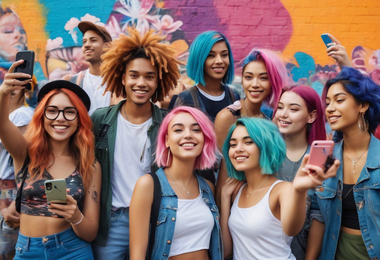 A vibrant collage showcasing diverse young adults engaged in various activities symbolizing current trends: a group enjoying music at a festival, friends taking selfies with colorful hair and fashion, individuals using tech devices, and participating in eco-friendly initiatives. A backdrop of a bustling urban environment filled with murals and street art to reflect youth culture. bright colors. modern style. dynamic composition.
