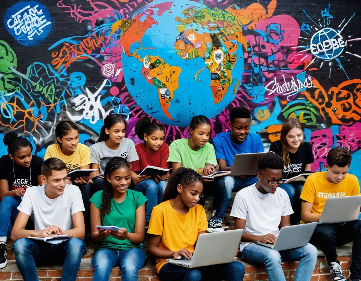 A vibrant scene depicting a diverse group of teenagers engaged in various activities that represent growth and empowerment, such as a girl coding on a laptop, boys playing sports, and others participating in a debate. The background features graffiti art that symbolizes creativity and resilience. Elements like books, a smartphone, and a globe are scattered around to showcase modern challenges and trends. The overall atmosphere should be lively and optimistic. vibrant colors. urban style.